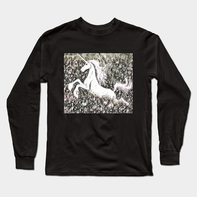 Greyscale unicorn art design in shades of black and white Long Sleeve T-Shirt by DesignIndex